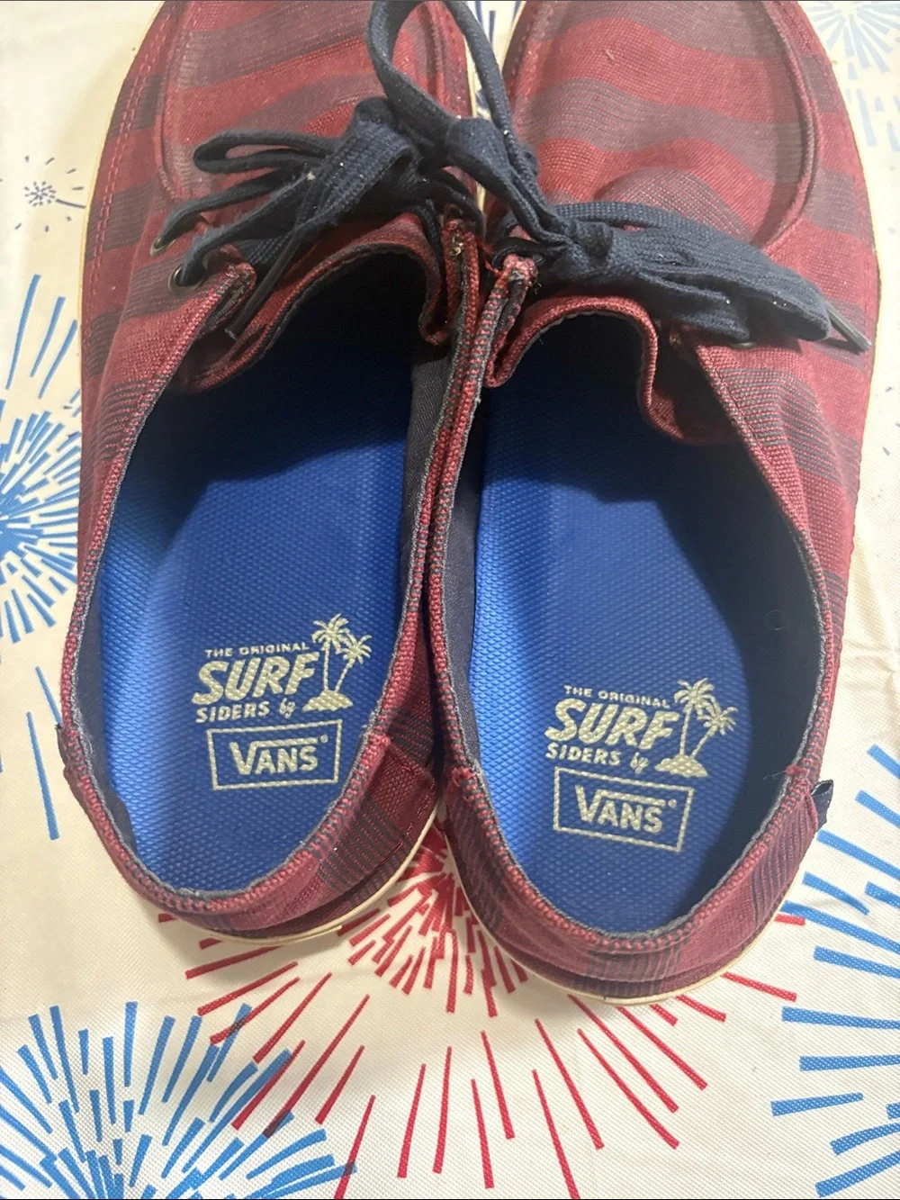 Vans Men’s Burgundy and Navy Striped Surf Siders